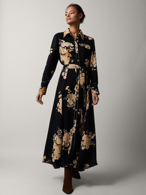 Massimo Dutti Topstitched Floral Print Dress