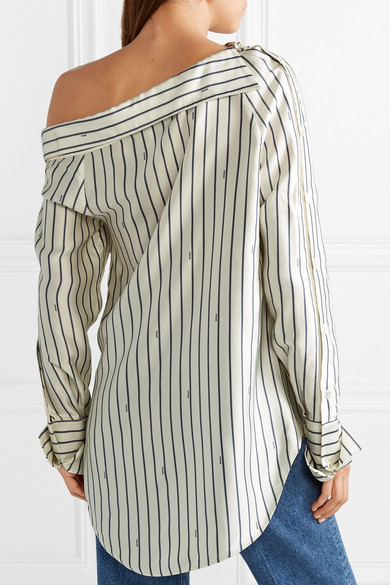 Monse - Oversized One-shoulder Pinstriped Satin Shirt - Ivory back view