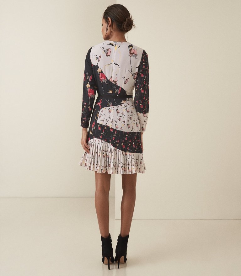Reiss Mara - Bold Floral Printed Dress in Black white back view