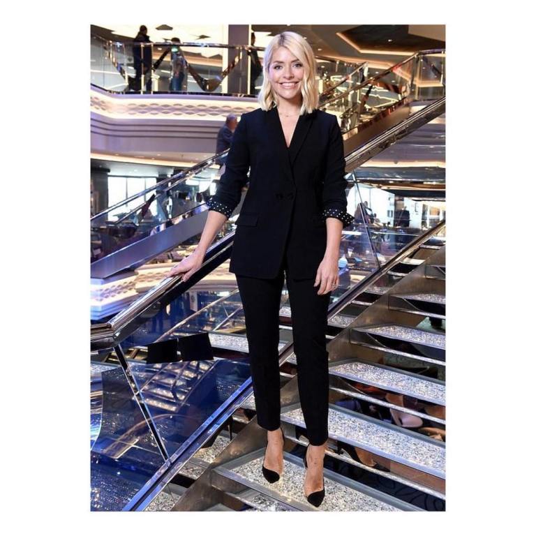 where to get holly willoughby black trouser suit MSC Bellisima March 2019 photo angie Smith