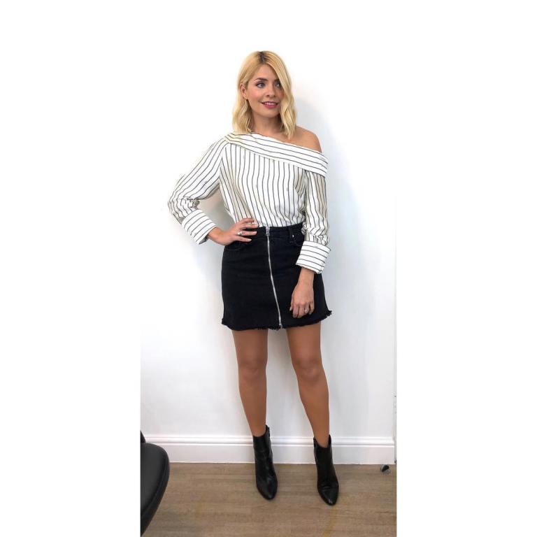where to get Holly Willoughby Celebrity Juice outfit striped one shoulder top black zip denim skirt black ankle boots MArch 2019 photo Holly Willoughby