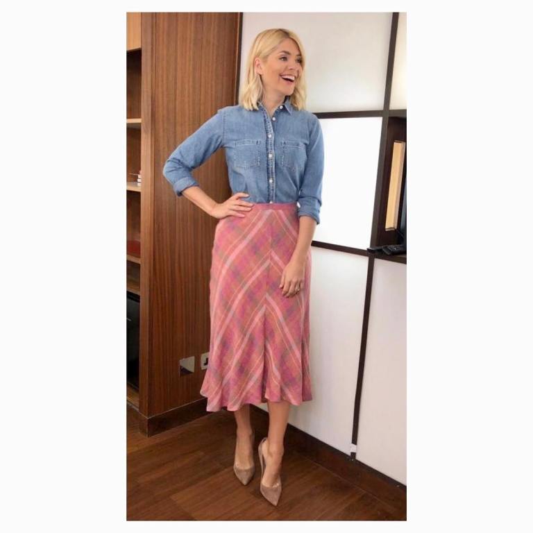 where to get Holly Willoughby This Morning outfit toay blue denim shirt pink check skirt nude court shoes March 2019 photo Holly Willoughby