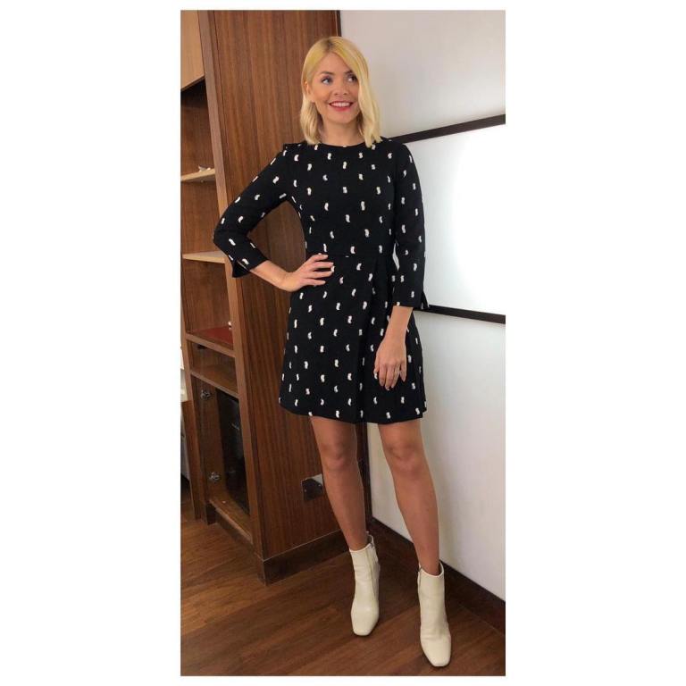 where to get Holly Willoughby This Morning outfit today black and white mini dress white ankle boots MArch 2019 photo Holly Willoughby