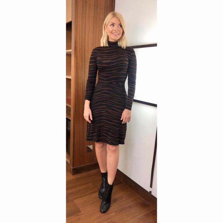 where to get Holly Willoughby This Morning outfit today black tiger stripe dress black ankle boots MArch 2019 photo Holly Willoughby