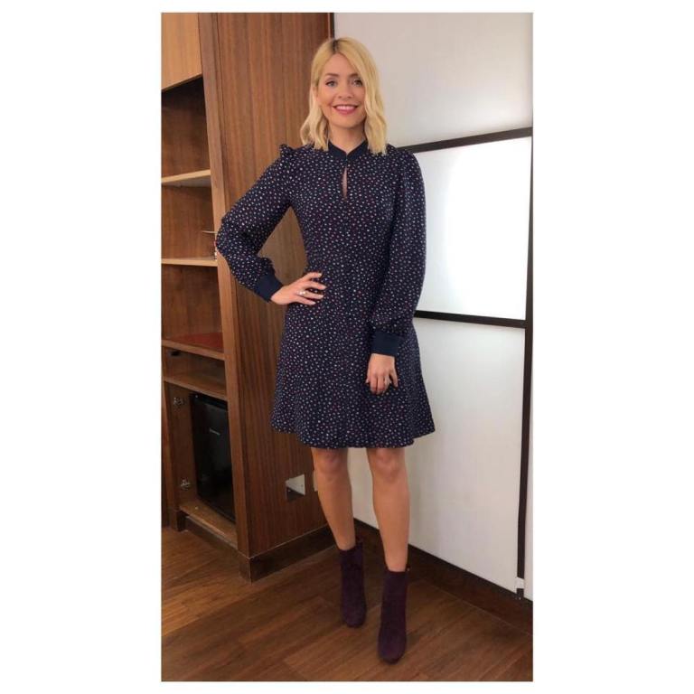 where to get Holly Willoughby This Morning outfit today navy lip print dress purple ankle boots AMrch 2019 photo Holly Willoughby