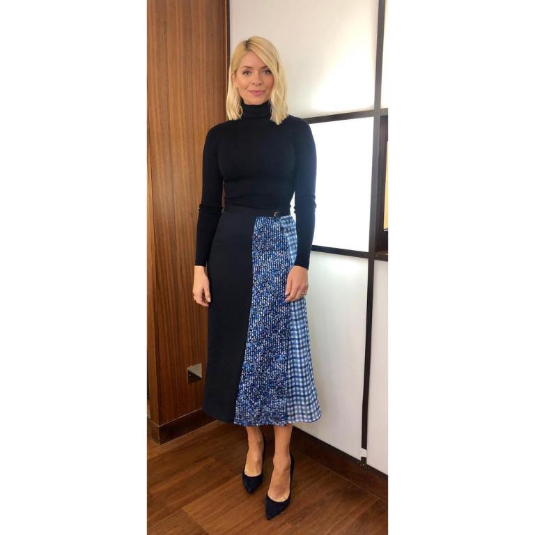 where to get holly Willoughby This Morning outfit today patchwork print skirt navy polo neck black suede court shoes MArch 2019 photo Holly Willoughby