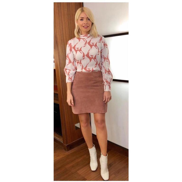 where to get holly Willoughby This Morning outfit today dusky pink suede skirt pink and whie blouse white ankle boots MArch 2019 photo Holly Willoughby