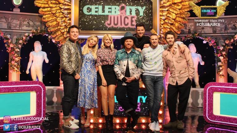 where to get holy Wiloughby Celebrity Juice outfit floral blouse black mini skirt MArch 2019 photo Celebrity Juice