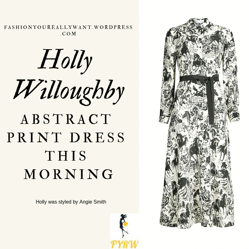 Where to get Holly Willoughby  This Morning outfit today horse rose white black print dress black suede court shoes blog April 2019