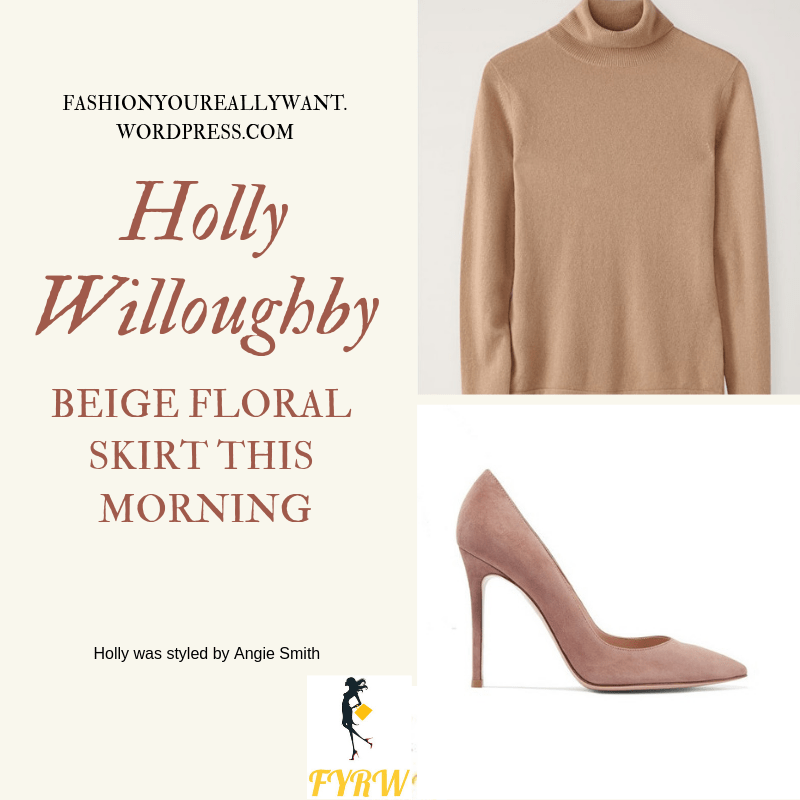 Where to get Holly Willoughby  This Morning outfit today beige floral pleated skirt camel polo neck nude suede court shoes blog April 2019
