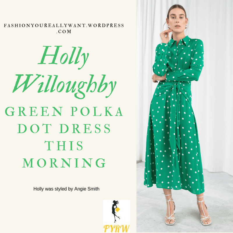 Where to get Holly Willoughby  This Morning outfit today Green Polka Dot Dress nude suede court shoes blog April 2019