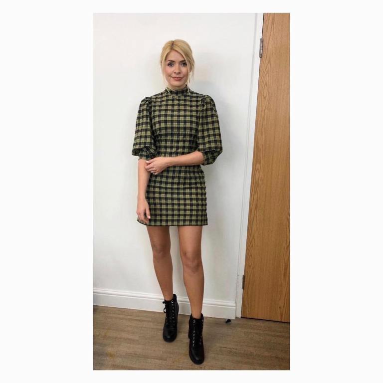 where to get Holly Willoughby Celebrity Juice green seersucker check mini dress black biker boots April 2019 photo Holly Willoughby