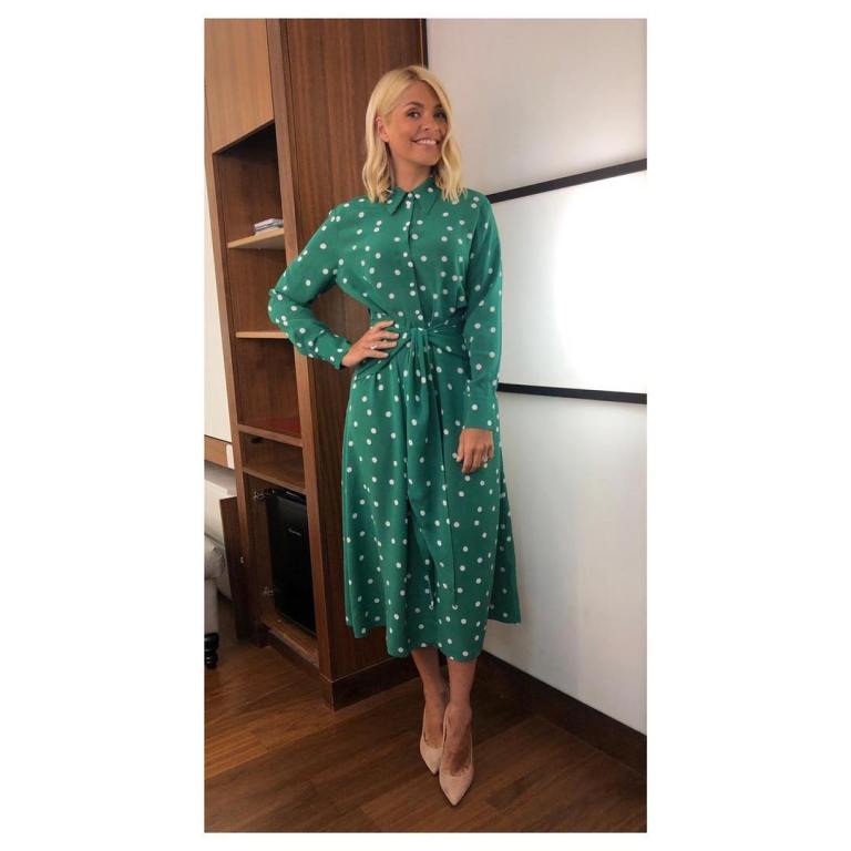 where to get Holly Willoughby This Morning outfit dress today green polka dot shirt dress nude suede court shoes April 2019 photo Holly Willoughby