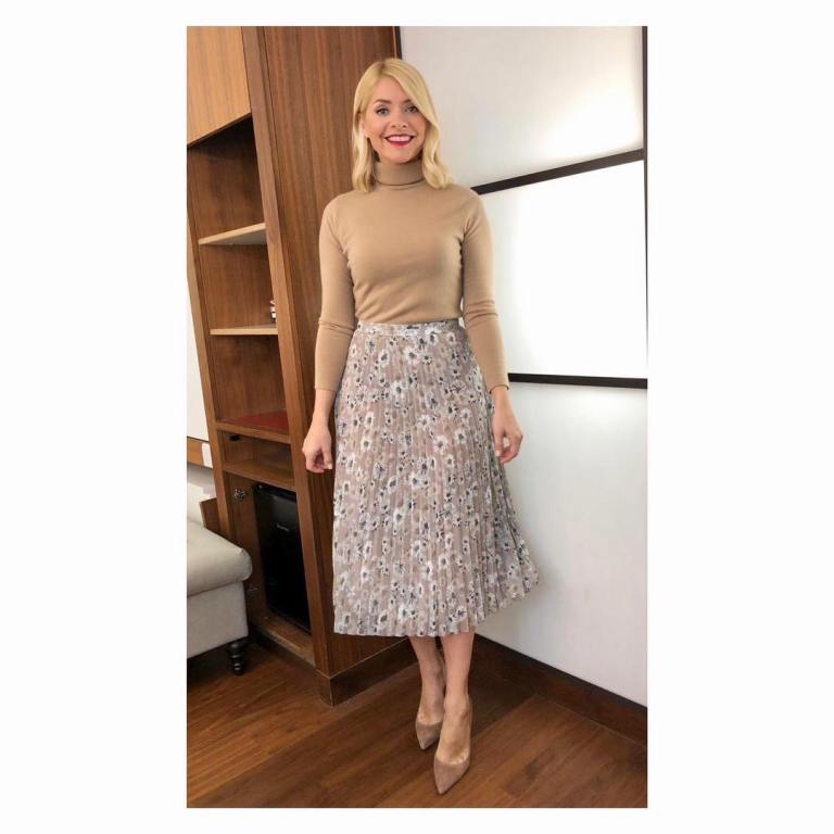 where to get Holly Willoughby This Morning outfit today beige floral skirt camel polo neck knit suede court shoes April 2019 photo Holly Willoughby