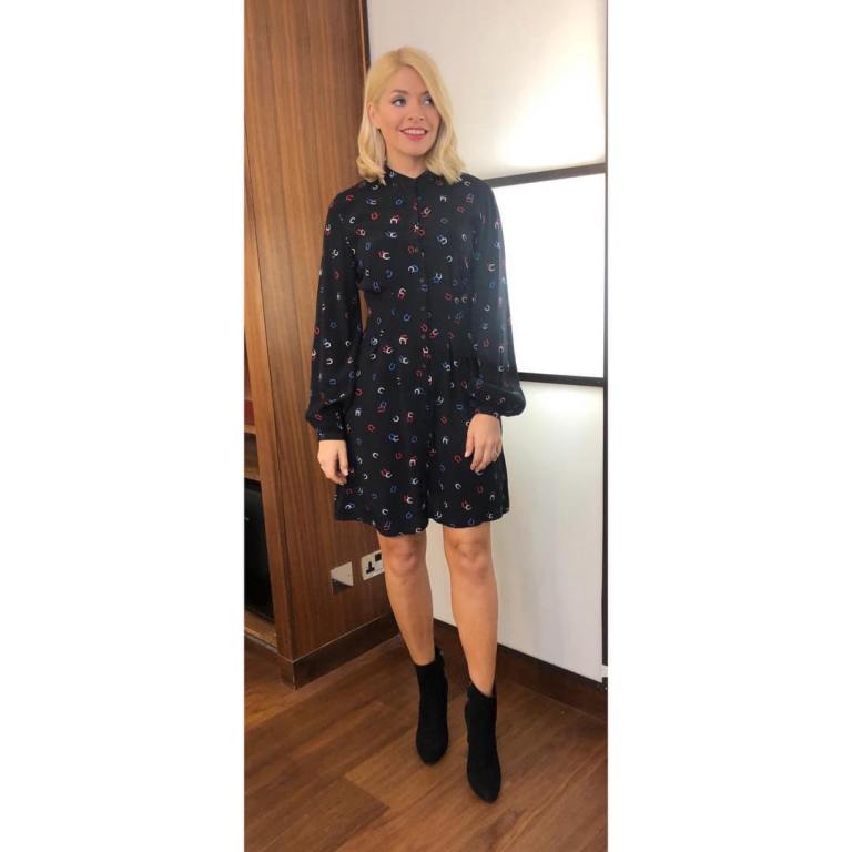 where to get Holly Willoughby This Morning outfit today black horseshoe print dress black ankle boots April 2019 photo Holly Willoughby