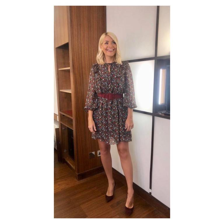 where to get holly willoughby This Morning outfit today blue brown ditsy print dress wine court shoes April 2019 photo Holly Willoughby