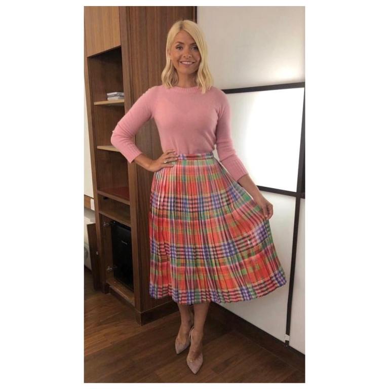where to get Holly willoughby This Morning outfit today pink check skirt pink knit beige court shoes April 2019 photo Holly Willoughby