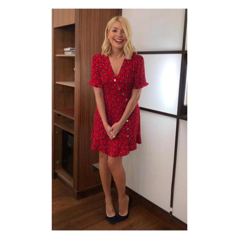 where to get Holly Willoughby this Morning outfit today red boat print tea dress black suede court shoes April 2019 photo Holly Willoughby