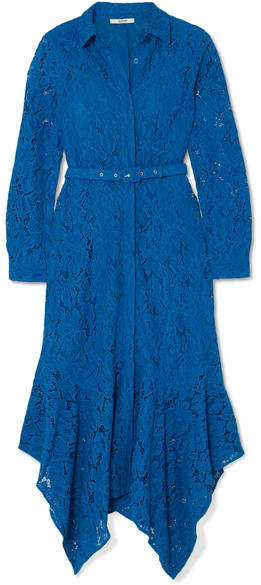 GANNI - Belted Asymmetric Corded Lace Dress - Blue
