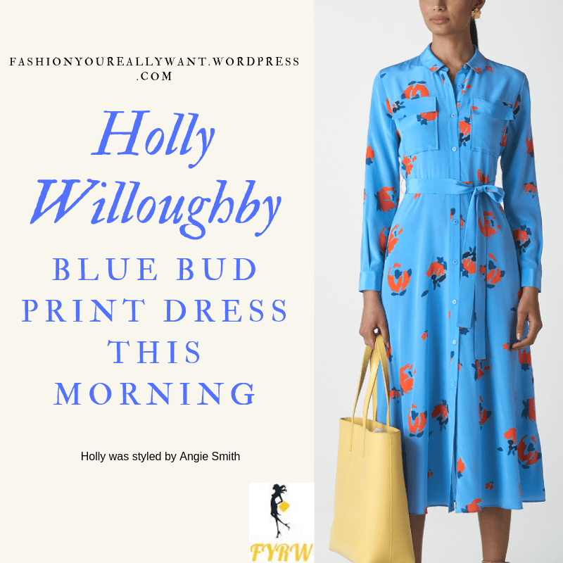 How to Get Holly Willoughby  This Morning outfit today blue floral print shirt dress nude suede court shoes blog May 2019