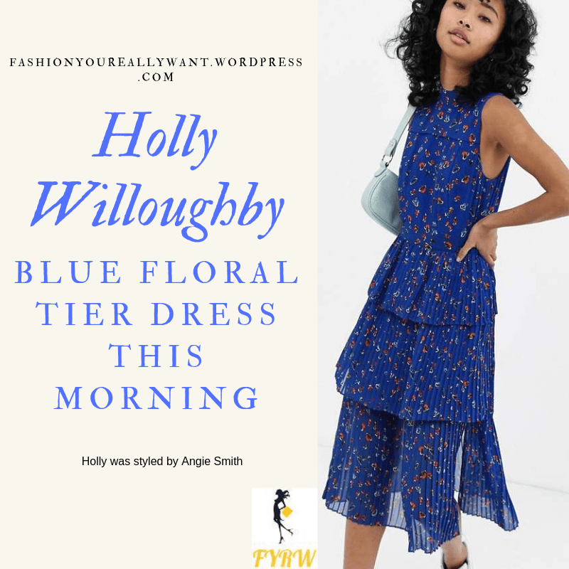 How to Get Holly Willoughby  This Morning outfit today blue floral print tiered pleated dress navy suede shoes blog MAy 2019