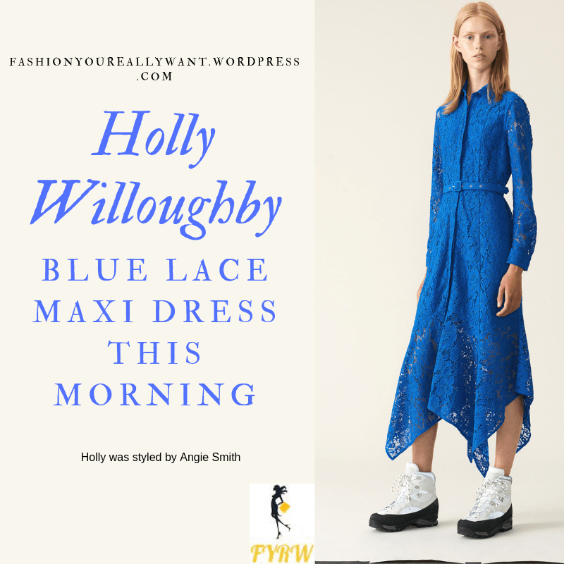 How to Get Holly Willoughby  This Morning outfit today blog blue lace symmetric maxi dress nude suede court shoes May 2019