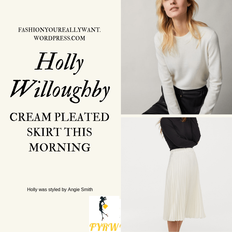 How To Get Holly Willoughby  This Morning outfit today cream pleated skirt cream knit white caged strappy court shoes blog May 2019