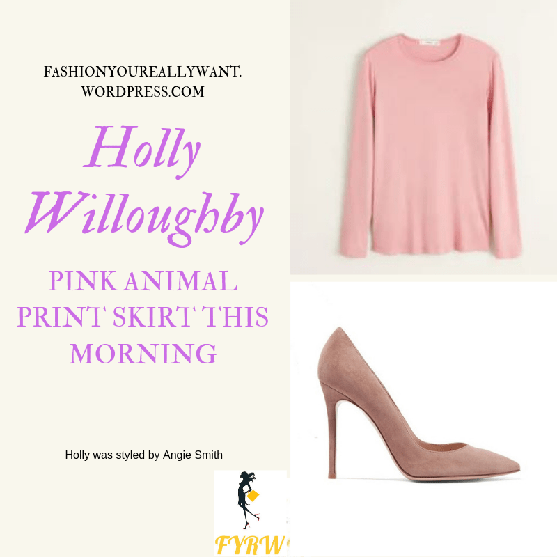 Where to get Holly Willoughby  This Morning outfit today pink lilac animal print button through skirt pink top nude suede court shoes blog May 2019