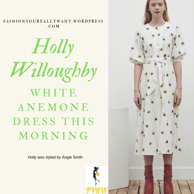 Where to get Holly Willoughby  This Morning outfit today white dress yellow flowers nude suede court shoes blog May 2019