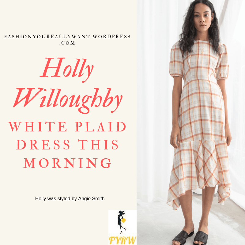 Where to get Holly Willoughby  This Morning outfit today whiet plaid handkerchief hem dress nude suede court shoes blog May 2019