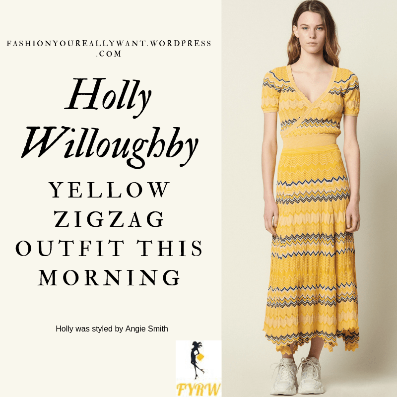 How to Get Holly Willoughby  This Morning outfit today blog yellow and black zigzag top and skirt nude suede court shoes May 2019