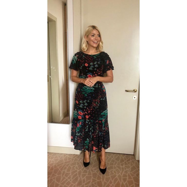 how to get Holly willoughby This Morning Live outfit today black floral dress black suede court shoes May 2019 photo Holly Willoughby