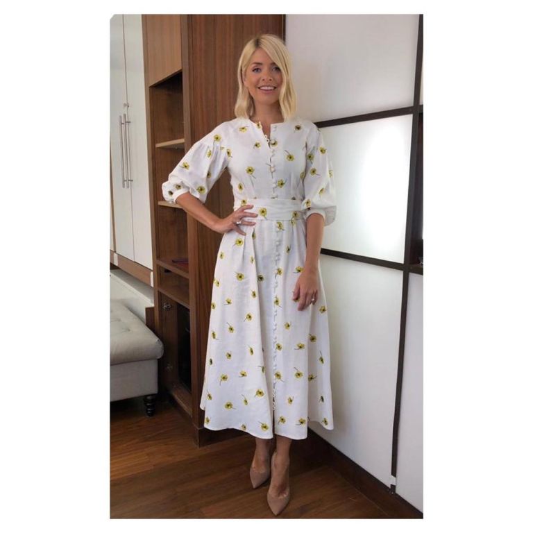 How to get Holly Willoughby This Morning outfit today white dress ywllow flowers nude suede court shoes May 2019 photo Holly willoughby