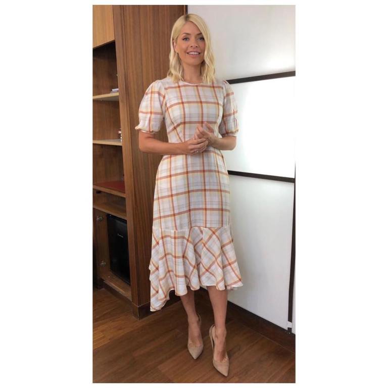 where to get Holly Willoughby This Morning outfit today white plaid dress nude suede court shoes May 2019 photo Holly Willoughby
