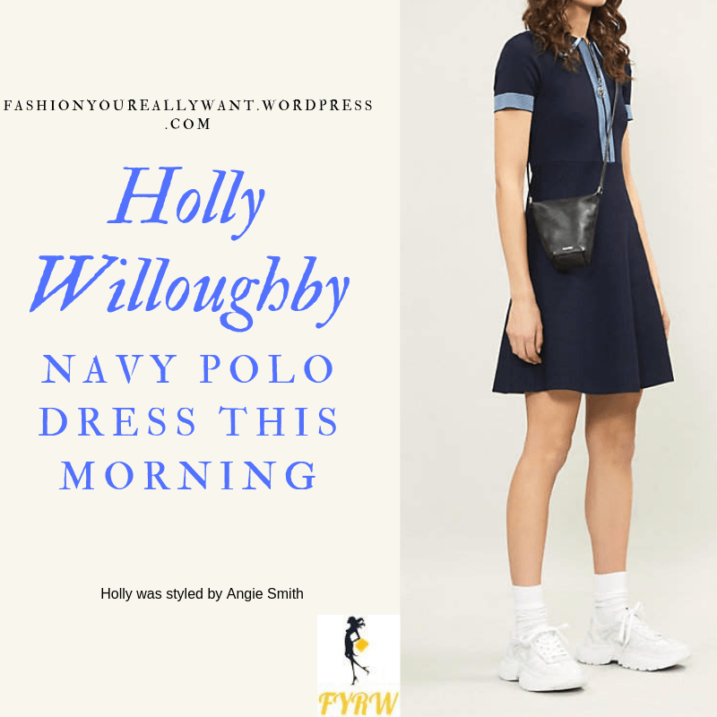 Where to Find Holly Willoughby  This Morning outfit today navy and blue knit polo dress powder blue suede court shoes blog June 2019