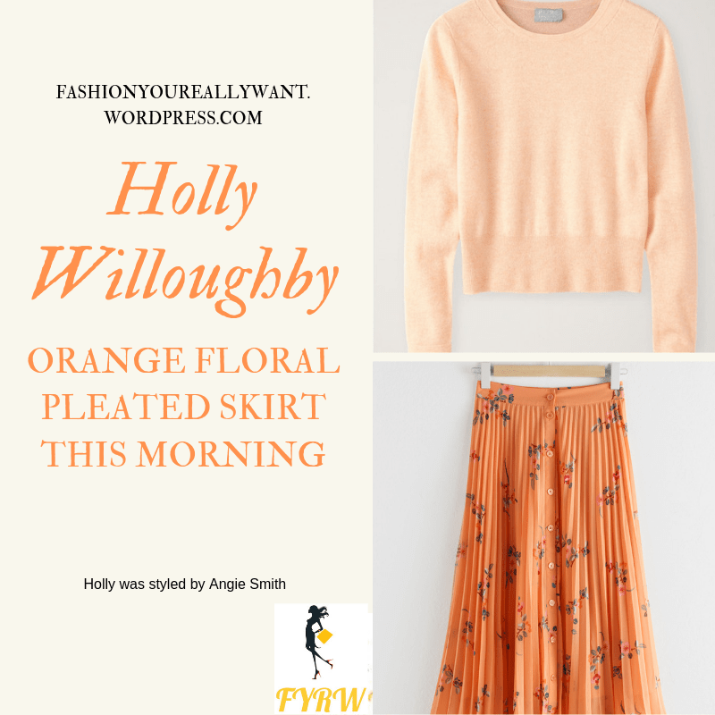 How to find Holly Willoughby  This Morning outfit today pleated orange floral midi skirt peach knitwear nude suede court shoes blog June 2019