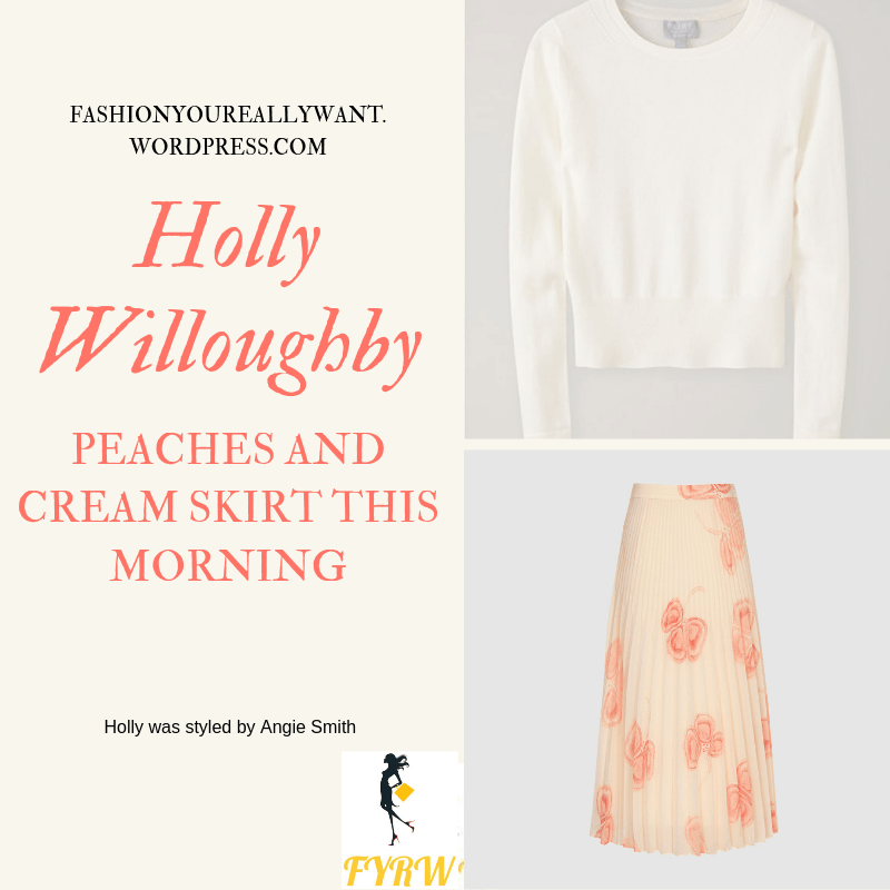 Where to Find Holly Willoughby  This Morning outfit today pink and cream pleated midi skirt soft white knitwear nude suede court shoes blog June 2019