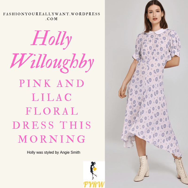 How To get Holly Willoughby  This Morning outfit today pink and lilac floral dress with asymmetric hem and white collar nude court shoes blog June 2019