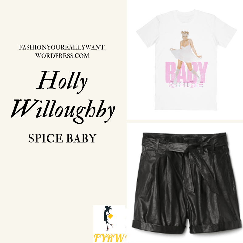 Where to find Holly Willoughby black leather shorts Baby Spice Tee The Spice girls Concert June 2019