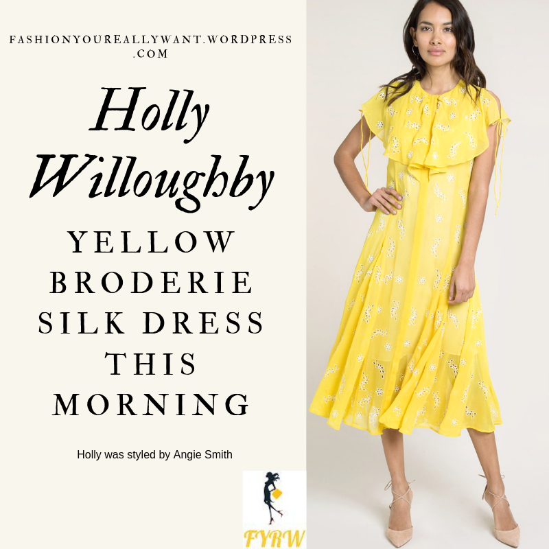 Find out what Holly Willoughby wore on This Morning outfit today yellow broderie dress nude court shoes blog June 2019