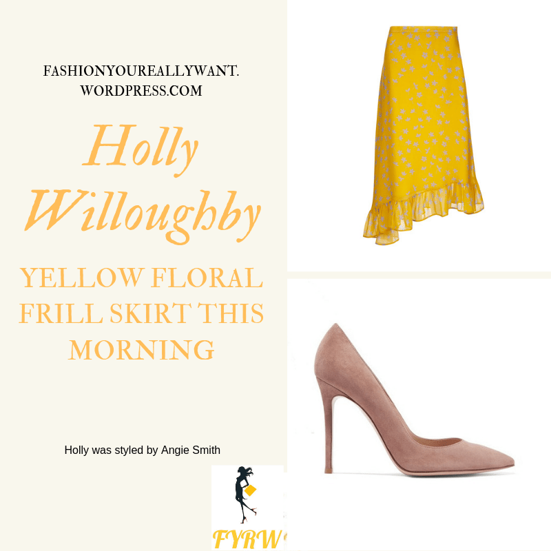 Where to find Holly Willoughby  This Morning outfit today Yellow Floral Frill Skirt lilac knit nude suede court shoes blog June 2019