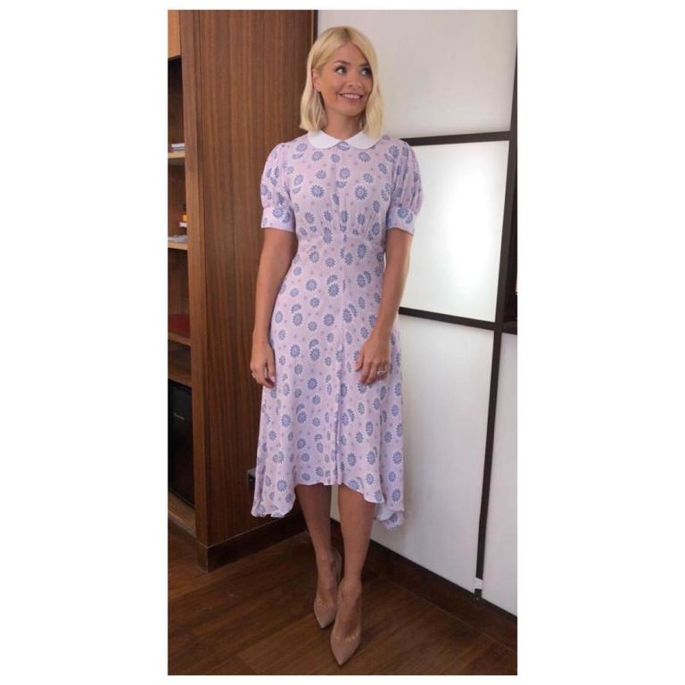 how to get Holly Willoughby This Morning outfit today pink and lilac collar dress nude court shoes June 2019 Photo Holly Willoughby