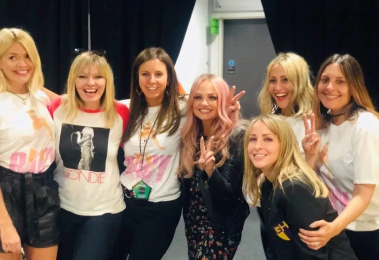 where to find Holly Willoughby Baby Spice girl t-shirt black leather shorts June 2019.png