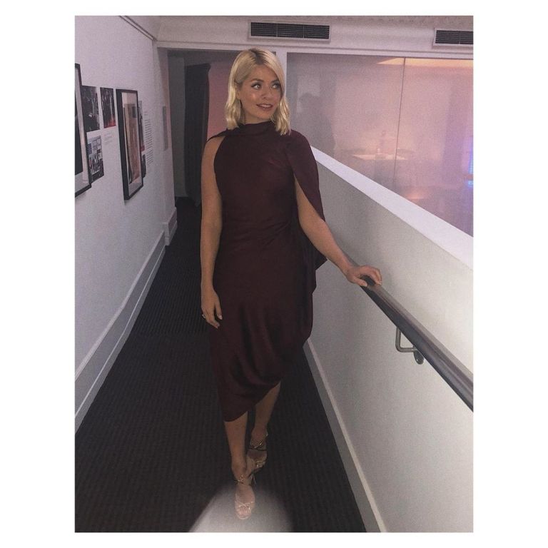 where to find Holly Willoughby red burgundy cape dress gold strappy sandals June 2019 Photo Holly Willoughby