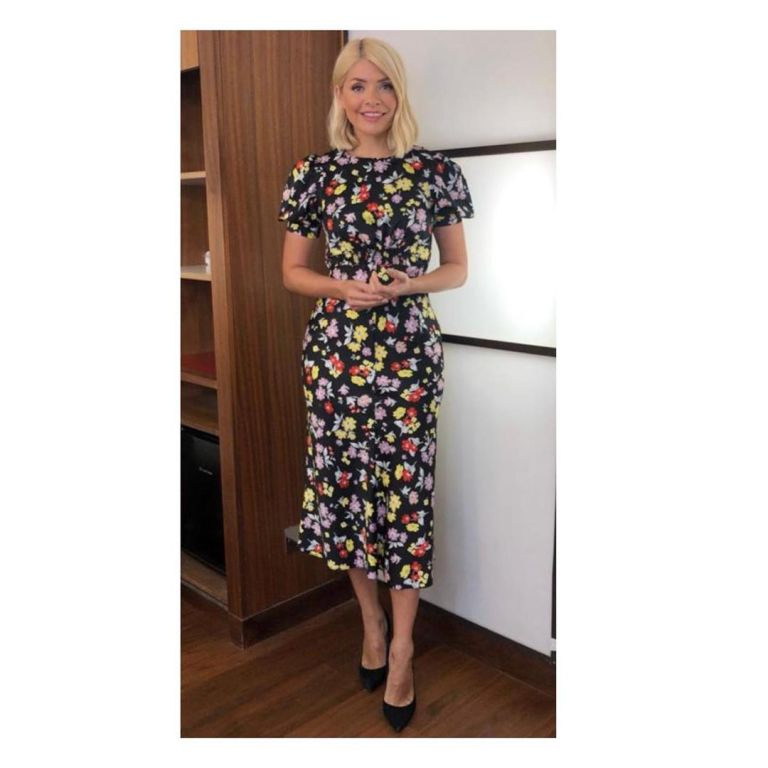 where to find Holly Willoughby This Morning outfit today black bright floral midi dress black suede court shoes June 2019 photo Holly Willoughby