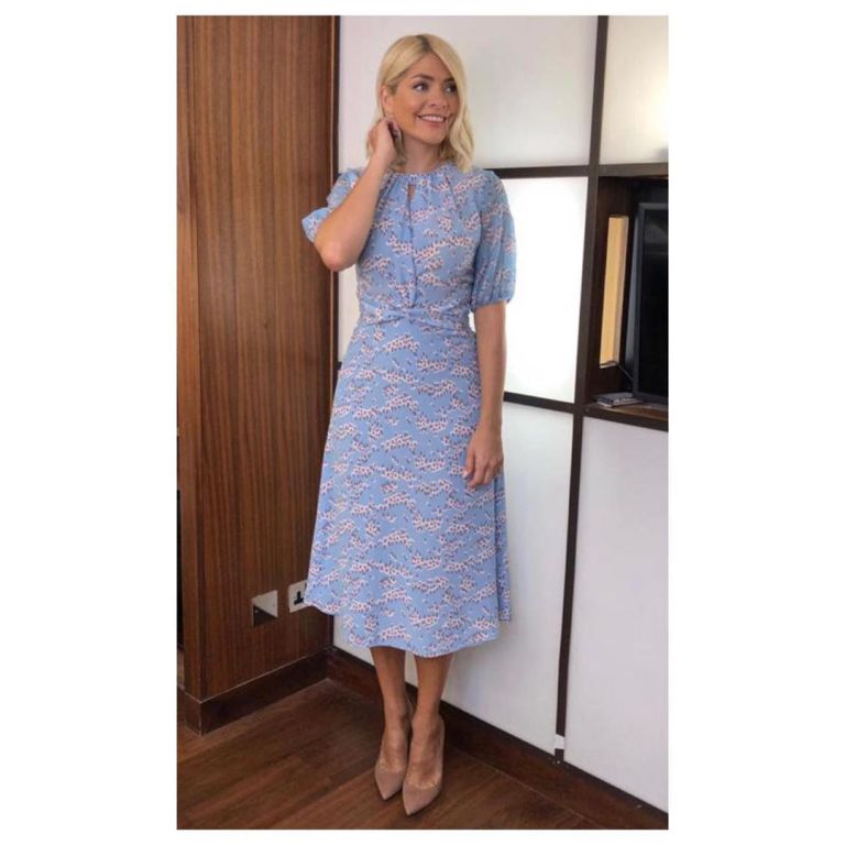 where to find Holly Willoughby This Morning outfit today blue Ditzy Blossom dress nude suede court shoes June 201 Photo Holly Willoughby