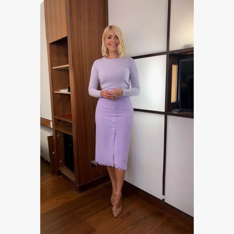 Where to find holly willoughby This morning outfit today lilac tweed skirt with rhinestone buttons lilac knit nuded suede court shoes June 2019 Photo Holly Willoughby