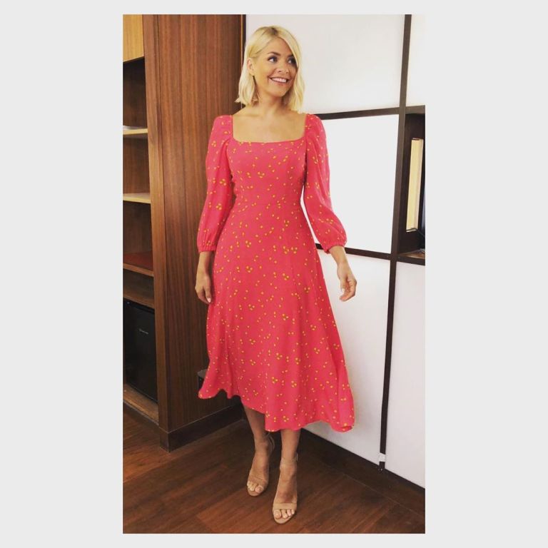 where to find Holly willoughby This Morning outfit today pink and yellow lemon dress nuded suede sandals June 2019 Photo Holly Willoughby