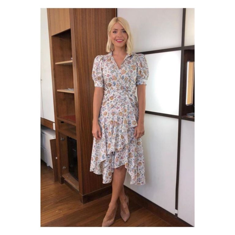 Where to find Holly Willoughby This Morning outfit today white multi Liberty print wrap dress nude court shoes June 2019 Photo Holly Willoughby