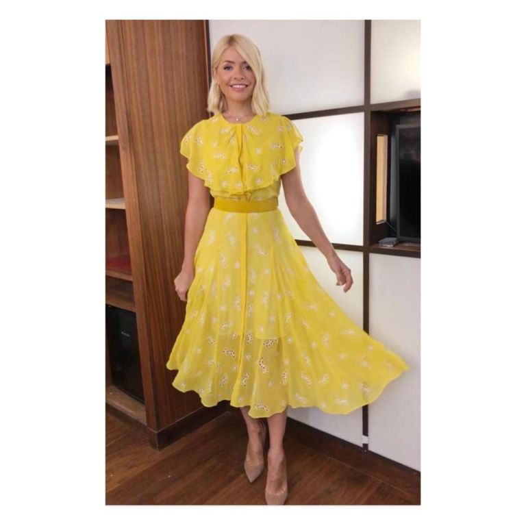 Where to find Holly Willoughby This Morning outfit today yellow broderie dress nude court shoes June 2019 Photo Holly Willoughby